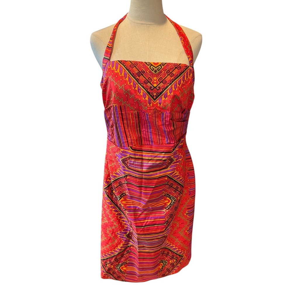 Kay Unger New‎ York Red Geometric Tribal Print Halter Sheath Dress Size 12